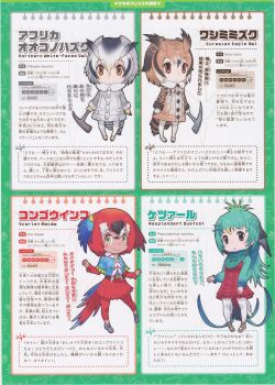 4girls eurasian_eagle_owl_(kemono_friends) full_body kemono_friends kemono_friends_2 looking_at_viewer multiple_girls northern_white-faced_owl_(kemono_friends) official_art resplendent_quetzal_(kemono_friends) scarlet_macaw_(kemono_friends) simple_background yoshizaki_mine