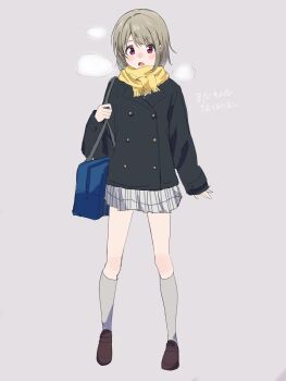 1girl bag black_jacket blush bob_cut breath brown_hair full_body grey_background grey_skirt grey_socks highres jacket kiruto_(artar_12) kneehighs looking_at_viewer love_live! love_live!_nijigasaki_high_school_idol_club nakasu_kasumi nijigasaki_school_uniform open_mouth plaid_clothes plaid_skirt pleated_skirt red_eyes scarf school_bag school_uniform shoes short_hair simple_background skirt sleeves_past_wrists socks solo translation_request yellow_scarf
