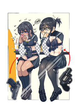 2girls absurdres black_bra black_hair black_panties black_serafuku bra burger cb_(c-board) commentary_request concealed_weapon eating food french_fries glasses gun handgun highres lace lace_bra long_hair mcdonald's multiple_girls original panties pantyhose ponytail purple_eyes revolver scar school_uniform serafuku short_ponytail sitting sports_bra translated underwear weapon weapon_request x-ray yellow_eyes