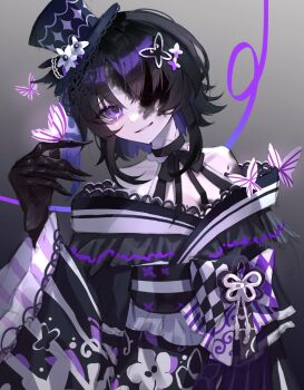 1girl bare_shoulders black_gloves black_hair black_hands black_hat black_kimono bug butterfly butterfly_hair_ornament claws colored_extremities commentary flower gloves grey_background hair_ornament hat hat_flower housho_margo insect japanese_clothes kimono lolita_fashion long_sleeves looking_at_viewer mahou_shoujo_no_majo_saiban mini_hat mini_top_hat one_eye_covered open_mouth pale_skin parted_bangs purple_butterfly purple_eyes shan_(shan_29387473) short_hair smile solo spoilers symbol-only_commentary top_hat wa_lolita witch_(manosaba)