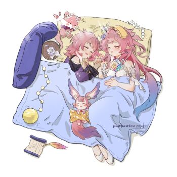 Rule 34 | 2girls, artist name, blue hair, breasts, chimera (honkai: star rail), chinese commentary, coat, commentary request, cyrene (aedes elysiae) (honkai: star rail), cyrene (honkai: star rail), cyrene (ripples of past reverie) (honkai: star rail), dress, dual persona, high heels, highres, holding hands, honkai: star rail, honkai (series), long hair, medium breasts, mem (honkai: star rail), muguachahaohe, multicolored hair, multiple girls, pink hair, pointy ears, purple coat, quill, short hair, simple background, sleeping, two-tone hair, under covers, very long hair, white background, white dress, white hair