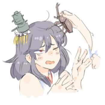 1girl 1other animal bad_id bad_twitter_id bare_shoulders black_hair blush cropped_shoulders disembodied_hand frown furrowed_brow hair_ornament hands_up holding holding_animal insect_on_head jibakurei_(elite_unchi) kantai_collection looking_at_animal medium_hair one_eye_closed open_mouth red_eyes rhinoceros_beetle simple_background sleeveless teasing white_background yamashiro_(kancolle)