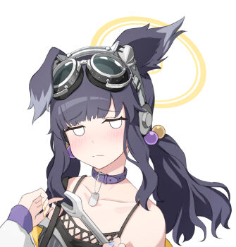 1girl animal_ears bare_shoulders black_camisole black_hair blue_archive blush breasts camisole collar commentary dog_ears empty_eyes grey_sweater hair_bobbles hair_ornament halo hibiki_(blue_archive) jacket long_hair long_sleeves looking_at_viewer low_twintails medium_breasts off_shoulder sidelocks solo sweater twintails white_jacket wrench yuniyuni