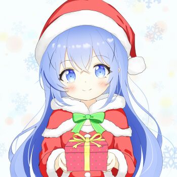 1girl b_memocho blue_eyes blue_hair blush bow bowtie box capelet christmas closed_mouth commentary_request crossed_bangs double-parted_bangs dress fur-trimmed_capelet fur-trimmed_dress fur-trimmed_headwear fur-trimmed_sleeves fur_trim gift gift_box gochuumon_wa_usagi_desu_ka? green_bow green_bowtie hair_between_eyes hair_ornament hands_up hat highres holding holding_gift kafuu_chino long_hair long_sleeves looking_at_viewer polka_dot pom_pom_(clothes) red_capelet red_dress red_hat santa_costume santa_dress santa_hat sidelocks smile snowflakes solo split_mouth upper_body white_background x_hair_ornament