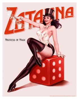 1girl arm_support bare_shoulders black_boots black_hair boots border bow bowtie breasts character_name commentary copyright_notice dc_comics detached_collar dice english_commentary english_text fishnet_pantyhose fishnets gloves hat high_heel_boots high_heels highres john_keaveney long_hair magic magician medium_breasts official_art oversized_object pantyhose simple_background sitting smile solo thigh_boots top_hat white_border white_bow white_bowtie white_gloves wrist_cuffs zatanna_zatara