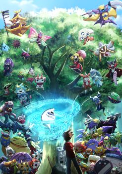 109vir absurdres amano_keita armor banner battle_standard blonde_hair breasts brown_hair character_request cleavage commentary_request crossed_arms extra_eyes facial_hair fire flame-tipped_tail flower fuumin_(youkai_watch) green_eyes hair_over_one_eye highres holding holding_behind_back holding_polearm holding_polearm_behind_back holding_weapon holding_weapon_behind_back horns japanese_armor japanese_clothes karakara-san kimono motemakuuru mustache nobori obi one-eyed one_eye_closed parasol pink_hair polearm purple_eyes purple_hair red_eyes red_flower sash sharp_teeth tail teeth tongue tongue_out tree trident umbrella war_banner weapon whisper_(youkai_watch) white_flower white_hair wings yellow_eyes youkai_(youkai_watch) youkai_watch