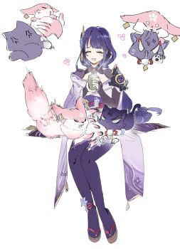 1girl absurdres anger_vein animal animal_on_lap animalization biting blunt_bangs blush braid bridal_gauntlets brown_sandals cat cat_on_lap cup earrings eyelashes facing_viewer fighting floral_print floral_print_kimono flower fox furisode gem genshin_impact gold_ring grey_bridal_gauntlets hair_flower hair_ornament happy highres holding holding_cup japanese_clothes jewelry kimono long_hair low-braided_long_hair low-tied_long_hair middle_ring mitsudomoe_(shape) obi off_shoulder on_lap open_mouth person_and_animalization pom_pom_(clothes) print_kimono purple_cat purple_flower purple_gemstone purple_hair purple_kimono purple_sash purple_shrug purple_thighhighs raiden_shogun sandals sash scaramouche_(cat)_(genshin_impact) scaramouche_(genshin_impact) scratching shrug_(clothing) single_sode sitting steam string supervespa99 swept_bangs thighhighs tomoe_(symbol) very_long_hair white_background yae_miko yae_miko_(fox) yunomi zouri