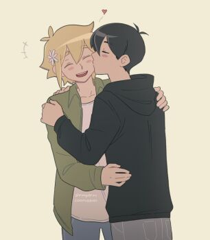 +++ 2boys :d \||/ ^_^ antenna_hair artist_name basil_(faraway)_(omori) basil_(omori) black_hair black_hoodie blonde_hair blue_pants blush closed_eyes collarbone collared_jacket commentary commission cowboy_shot daisy_(flower) denim double-parted_bangs english_commentary eyebrows_hidden_by_hair flower green_jacket grey_pants hair_behind_ear hair_between_eyes hair_flower hair_ornament hand_on_another's_shoulder hand_on_another's_waist hands_on_another's_shoulder heart highres hood hood_down hoodie jacket jeans kiss kissing_cheek long_sleeves male_focus multiple_boys omori open_clothes open_jacket open_mouth pants pocket puffy_long_sleeves puffy_sleeves raised_eyebrows shirt short_hair shrimperini simple_background smile standing sunny_(omori) teeth tongue u_u upper_teeth_only very_short_hair watermark white_flower white_shirt yaoi yellow_background