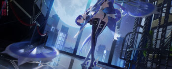 1girl arms_behind_back ass bent_over black_boots boots bound bound_arms building chinese_commentary coat commentary_request full_moon highres long_hair moon night promeia_(zenless_zone_zero) purple_coat purple_eyes purple_hair rain_sama skyscraper solo thigh_boots two-tone_shorts very_long_hair weapon zenless_zone_zero