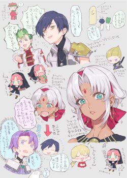 agate_crosner alan_richard aqua_eyes armor bindi blonde_hair blue_eyes chibi dark_skin earrings eiyuu_densetsu falcom forehead_jewel green_eyes green_hair habit hairband hoop_earrings jewelry joshua_bright kevin_graham kloe_rinz multiple_boys multiple_girls multiple_views nishihara_isao nun olivert_reise_arnor parted_bangs pauldrons purple_eyes purple_hair ries_argent scherazard_harvey short_hair shoulder_armor sidelocks silver_hair single_pauldron sora_no_kiseki spiked_hair translation_request yellow_eyes