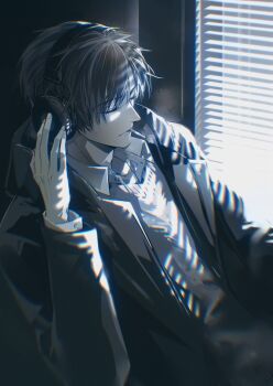 1boy black_hair black_jacket chinese_commentary cigarette closed_eyes closed_mouth coldiron collared_shirt grey_vest hand_up headphones highres hood hood_down hooded_jacket indoors jacket limited_palette long_sleeves male_focus mouth_hold quan_zhi_gao_shou shirt short_hair sitting smoking solo sweater_vest upper_body vest white_shirt window window_blinds ye_xiu