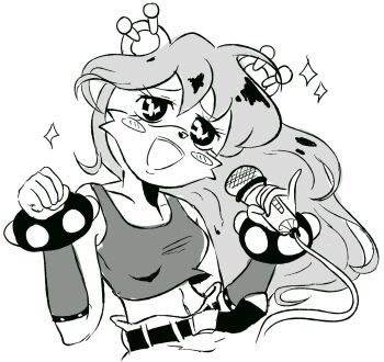 1girl animal_ears animal_nose bare_shoulders belt blouse blush blush_stickers breasts clenched_hand collarbone crop_top earrings elbow_gloves female_focus furry furry_female gloves greyscale hands_up happy highres holding holding_microphone jewelry long_hair microphone midriff mina_mongoose monochrome multiple_earrings navel open_mouth pinky_out shirt shorts sidelocks simple_background sketch sleeveless sleeveless_shirt small_breasts smile solo sonic_(series) sparkle stellarspin upper_body white_background