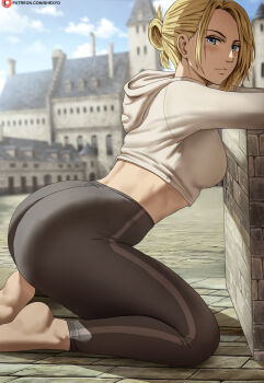 1girl annie_leonhart aquiline_nose arched_back ass barefoot blonde_hair blue_eyes blue_sky blurry blurry_background breasts brick_floor building closed_mouth commentary cropped_hoodie day from_side highres hood hood_down hoodie kneeling looking_at_viewer medium_breasts nose outdoors pants patreon_logo patreon_username shexyo shingeki_no_kyojin sky solo striped_clothes striped_pants vertical-striped_clothes vertical-striped_pants watermark web_address yoga_pants