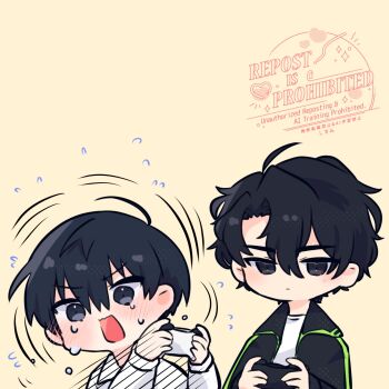 2boys :o ahoge black_coat black_hair black_shirt coat collared_shirt commentary controller crying crying_with_eyes_open double-parted_bangs english_commentary hair_between_eyes highres holding holding_controller kim_dokja kimidori_22 male_focus motion_lines multiple_boys omniscient_reader&#039;s_viewpoint open_clothes open_coat playing_games popped_collar shirt short_hair sweatdrop tears upper_body white_coat white_shirt yoo_joonghyuk