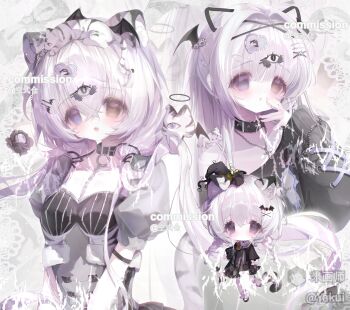 1girl :o absurdres animal_ears belt_collar black_collar black_dress black_shirt blush bow braid breasts brown_eyes cat_ears chain chibi chibi_inset collar collarbone dress flower frills hair_ornament hairclip halo heterochromia highres leopard_ears leopard_girl leopard_tail long_hair long_sleeves looking_at_viewer low_twintails mihuashi_logo mihuashi_username multiple_views open_mouth original puffy_long_sleeves puffy_short_sleeves puffy_sleeves purple_eyes rose sample_watermark shirt short_sleeves striped_clothes tail tiger_ears tiger_tail twin_braids twintails upper_body very_long_hair watermark white_hair wings x_hair_ornament yakuiz zoom_layer