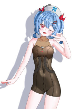 1girl ;d absurdres bare_shoulders blue_hair blush braid breasts colphne_(girls'_frontline_2) colphne_(silent_heart)_(girls'_frontline_2) commentary_request covered_navel gamel_120 girls'_frontline girls'_frontline_2:_exilium hair_between_eyes hair_ornament hairclip hand_up happy hat highres looking_at_viewer medium_hair nurse_cap one_eye_closed open_mouth pointing pointing_at_self red_eyes skin_tight small_breasts smile solo thighs twin_braids twintails