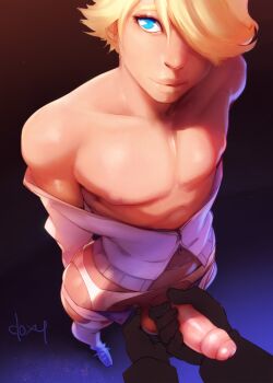 1boy arms_behind_back artist_name atlus bad_id bad_pixiv_id bare_shoulders blonde_hair blue_eyes caressing_testicles collarbone doxy erection foreskin from_above garter_belt gradient_background hair_over_one_eye handjob kuma_(persona_4) large_penis lips looking_at_viewer looking_up male_focus masturbation off_shoulder open_clothes open_fly penis persona persona_4 pov pov_hands prostitution sega short_hair short_shorts shorts solo_focus standing swept_bangs testicles thighhighs trap unzipped white_legwear wide_hips yaoi