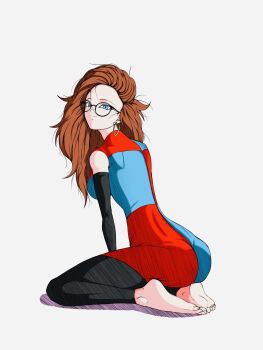 1girl android_21 barefoot blue_eyes breasts brown_hair detached_sleeves dragon_ball earrings female_focus from_side full_body glasses highres hoop_earrings jewelry kenran_dokkan kneeling large_breasts long_hair looking_at_viewer solo