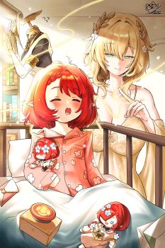 Rule 34 | 2girls, absurdres, aglaea (honkai: star rail), alternate costume, artist logo, babydoll, bare shoulders, bedroom, blonde hair, book, bookshelf, breasts, character doll, cleavage, closed eyes, closed mouth, commentary request, crib, doll, envelope, facing viewer, flower, flying sweatdrops, garmentmaker (honkai: star rail), green eyes, hair flower, hair ornament, highres, holding, holding doll, honkai: star rail, honkai (series), ice bear, indoors, large breasts, lingerie, logo, looking at another, mannequin, medium hair, mixed-language commentary, morning, multiple girls, open mouth, pajamas, partial commentary, pillow, pink pajamas, pointy ears, red hair, saliva, short hair, sitting, standing, thread, trianne (honkai: star rail), tribbie (honkai: star rail), trinnon (honkai: star rail), under covers, underwear, yawning, yellow babydoll
