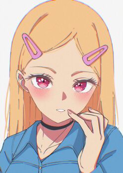 1girl absurdres alternate_hairstyle blonde_hair blue_shirt breasts collarbone ganetto29 highres kitagawa_marin long_hair purple_eyes shirt simple_background solo sono_bisque_doll_wa_koi_wo_suru upper_body white_background