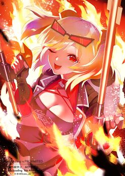 1girl black_jacket black_skirt black_tube_top blonde_hair breasts burnice_white commentary cowboy_shot english_commentary eyewear_on_head fire flamethrower goma_aki highres holding holding_flamethrower holding_weapon jacket large_breasts looking_at_viewer midriff one_eye_closed open_mouth propane_tank red-tinted_eyewear red_eyes short_twintails skirt solo strapless sunglasses tinted_eyewear tube_top twintails weapon zenless_zone_zero