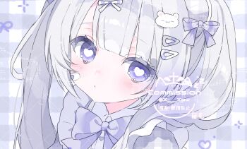 1girl bandaid bandaid_on_cheek bandaid_on_face bear_hair_ornament blunt_bangs blush bow bowtie closed_mouth commentary commission grey_hair hair_bow hair_ornament hairclip heart heart-shaped_pupils highres long_hair looking_at_viewer original portrait purple_bow purple_bowtie purple_eyes shirt skeb_commission solo symbol-only_commentary symbol-shaped_pupils twitter_username watermark white_shirt x_xww