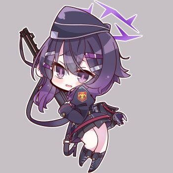 1girl absurdres belt black_belt black_boots black_hat black_jacket black_skirt blue_archive blush boots chibi chibi_only derivative_work dutch_angle eyes_visible_through_hair frown full_body furrowed_brow garrison_cap grey_background gun hair_between_eyes hair_ornament hairclip halo hands_up haruka_(blue_archive) hashtag-only_commentary hat highres holding holding_gun holding_weapon jacket juliet_sleeves lace-up_boots long_sleeves looking_at_viewer miniskirt nckak9rjjdjff4e open_mouth outline parallel_hairclips pleated_skirt puffy_sleeves purple_eyes purple_hair purple_halo purple_pupils short_hair_with_long_locks simple_background skirt solo standing stuffed_animal stuffed_rabbit stuffed_toy tsurime weapon white_outline