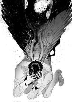 1boy black_hair black_wings coat commentary covering_own_face english_commentary feathered_wings full_body greyscale hands_up highres kim_dokja kneeling light_particles male_focus monochrome omniscient_reader&#039;s_viewpoint owlaoao short_hair solo tears white_coat wings
