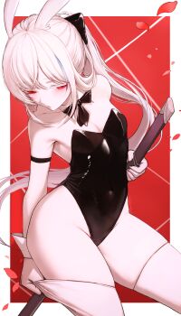 1girl absurdres adjusting_clothes adjusting_legwear animal_ears black_bow black_bowtie black_leotard blue_hair blue_streaks bow bowtie breasts cleavage closed_mouth collar covered_navel detached_collar falling_petals groin hair_bow highleg highleg_leotard highres holding holding_sheath holding_sword holding_weapon len_(maplestory) leotard light_blush long_hair looking_to_the_side maplestory multicolored_hair outside_border petals playboy_bunny ponytail pulling pulling_own_clothes rabbit_ears rabbit_girl red_background red_eyes scabbard se_tu_(55559229) sheath small_breasts solo sword thighhighs weapon white_collar white_hair white_thighhighs white_wrist_cuffs wrist_cuffs