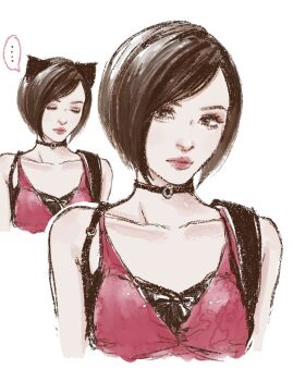... 1girl ada_wong aegyo_sal animal_ears asian black_choker breasts cat_ears choker closed_eyes collarbone commentary hashtag-only_commentary highres illust2222 kemonomimi_mode red_lips resident_evil resident_evil_2 resident_evil_2_(remake) short_hair small_breasts spoken_ellipsis