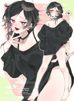 Rule 34 | 1girl, artist request, ashley graves, barefoot, bite mark, black hair, choker, fang, no pants, pink eyes, seductive gaze, sleeves past wrists, standing, the coffin of andy and leyley