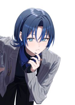 Rule 34 | 1girl, absurdres, akabino, black sweater, blue eyes, blue hair, blue nails, blue shirt, commentary request, cowboy shot, earclip, flower, frown, grey jacket, highres, hiodoshi ao, hiodoshi ao (1st costume), hololive, hololive dev is, jacket, mole, mole under mouth, nail polish, pinstripe jacket, pinstripe pattern, reverse trap, shirt, simple background, sparkle, striped clothes, striped jacket, sweater, transparent background, upper body, vertical-striped clothes, vertical-striped jacket, virtual youtuber, wolf cut