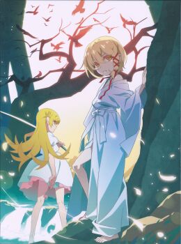 2girls absurdres arm_at_side backlighting bare_legs bare_tree barefoot bird blonde_hair braid closed_mouth colored_petticoat crow dress expressionless falling_leaves feet flat_chest flipped_hair flock from_behind full_body hair_flaps hair_ribbon hand_on_tree hand_up highres japanese_clothes kimono knee_up kneepits kokorowatari leaf legs_apart long_hair looking_at_viewer looking_back monogatari_(series) moon multiple_girls non-web_source obi official_art ootachi over_shoulder pinky_out pointy_ears puffy_short_sleeves puffy_sleeves red_pupils red_ribbon ribbon ringed_eyes rock sash scan short_hair short_sleeves side_braid single_bare_shoulder standing stream tree tress_ribbon very_long_hair water weapon weapon_over_shoulder white_dress white_kimono white_sash wide_sleeves yellow_eyes