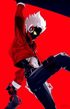 1boy absurdres arm_up belt billy_kid black_pants clothed_robot commentary_request cowboy_shot from_side gun highres holding holding_gun holding_weapon humanoid_robot jacket leg_up male_focus pants pouch red_background red_jacket robot robot_boy solo thigh_pouch weapon white_hair yellow_eyes zenless_zone_zero zeroartwo