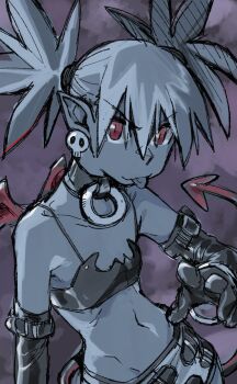 1girl bat_wings belt belt_skirt bikini bikini_top_only black_gloves commentary demon_girl demon_tail demon_wings disgaea earrings elbow_gloves english_commentary etna_(disgaea) flat_chest gloves greyscale hand_up highres jewelry looking_at_viewer makai_senki_disgaea mini_wings monochrome navel o-ring_collar pointy_ears red_eyes red_tail red_wings skirt skull_earrings smile solo spot_color swimsuit tail tongue tongue_out upper_body v-shaped_eyebrows w wings woogleboy