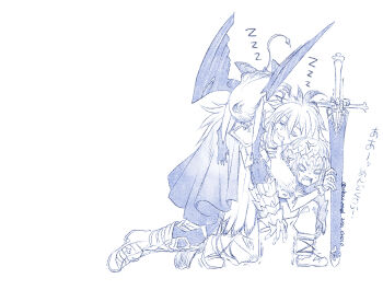 1girl 2boys anger_vein balmung_(fate) boots carrying carrying_person choco_(chocolate_shop) dragon_tail dragon_wings drooling melusine_(fate) melusine_(third_ascension)_(fate) fate/grand_order fate_(series) gameplay_mechanics highres long_hair multiple_boys oberon_(fate) on_one_knee siegfried_(fate) sleeping sword tail traditional_media twitter_username weapon white_background wings zzz