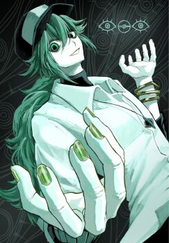 Rule 34 | 1boy, baseball cap, bracelet, collared shirt, colored skin, commentary request, douk1 1kigire, green eyes, green hair, grin, hair between eyes, hat, highres, jewelry, long hair, male focus, n (pokemon), nintendo, pendant, pokemon, pokemon bw, ponytail, shirt, smile, white shirt, white skin, yellow nails