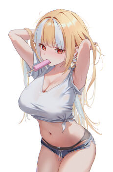 1girl absurdres armpit_peek arms_behind_head arms_up black_panties blonde_hair breasts cleavage commentary_request commission cowboy_shot crop_top dolphin_shorts drawstring food food_in_mouth grey_shorts highres kitsune_hero korean_commentary large_breasts micro_shorts midriff mouth_hold multicolored_hair navel open_mouth original panties popsicle popsicle_in_mouth red_eyes shirt short_sleeves shorts side-tie_shirt simple_background solo stomach streaked_hair thighs two-tone_hair underwear wet white_background white_hair white_shirt