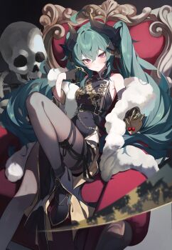 1girl absurdres ahoge belly_chain belt_around_waist black_dress black_horns black_pantyhose blue_hair china_dress chinese_clothes commentary_request commission dress fake_claws fur_scarf highres holding_cherry horns jewelry long_hair looking_at_viewer lumo_1121 mixed-language_commentary morello_(morellostorment) original pantyhose pink_eyes sitting_on_throne skeb_commission skull solo_focus throne twintails