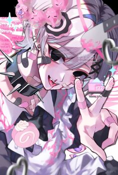 Rule 34 | 1boy, bandaid, bandaid on face, bandaid on finger, bandaid on hand, bandaid on neck, black eyes, black necktie, blood, blood on face, collar, commentary request, donut, ear piercing, food, hair ornament, hairclip, head tilt, heart, highres, kaminoq, knife, looking at viewer, male focus, necktie, nosebleed, original, piercing, pink blood, solo, spiked collar, spikes, v, white hair