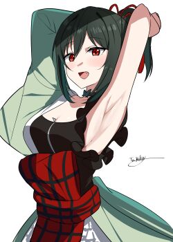 1girl :d absurdres armpits arms_up black_shirt bow breasts cleavage commentary fang frilled_shirt frills green_hair green_kimono hadanugi_dousa highres japanese_clothes kimono looking_at_viewer love_live! love_live!_nijigasaki_high_school_idol_club love_live!_nijigasaki_high_school_idol_club_the_movie_-_finale mifune_shioriko open_kimono open_mouth ponytail red_bow red_eyes red_sash sash shirt short_hair sideboob signature sleeveless sleeveless_shirt smile solo tarakon
