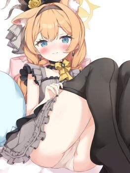 Rule 34 | 1girl, absurdres, adjusting clothes, adjusting legwear, animal ear fluff, animal ears, ass, black hat, black headband, black overskirt, black thighhighs, blue archive, blue eyes, blush, cameltoe, cat ears, choker, closed mouth, dress, dressing, earrings, flower, frilled choker, frills, grey dress, grey feathers, hairband, halo, hat, hat flower, headband, highres, idol, idol clothes, jewelry, knees up, long hair, looking at viewer, low twintails, mari (blue archive), mari (idol) (blue archive), mayu next1222, mini hat, mini top hat, no shoes, official alternate costume, orange hair, panties, panty peek, pantyshot, putting on legwear, rose, sitting, sleeveless, sleeveless dress, solo, thighhighs, top hat, twintails, underwear, white panties, yellow flower, yellow halo, yellow rose