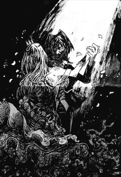 Rule 34 | 2girls, absurdres, alternate costume, ange katrina, arm up, commentary request, crease, crossdressing, crossdressing (ftm), crown, dancing, dark, dress, falling petals, frilled dress, frills, gloves, gown, greyscale, hair intakes, hatching (texture), highres, jacket, linear hatching, lize helesta, long dress, long hair, long sleeves, monochrome, multiple girls, nijisanji, petals, ponytail, princess, scan, short ponytail, shou-star, sleeveless, sleeveless dress, traditional media, virtual youtuber, waltz (dance)