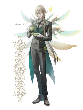 1boy albrecht_(p&amp;d) black_jacket black_necktie black_pants black_shoes black_suit blonde_hair braid brooch bug butterfly closed_mouth cross-laced_shoes cup dress_pants dress_shoes ear_covers expressionless fairy fairy_wings formal_clothes full_body gloves green_eyes green_vest hair_between_eyes hair_over_shoulder high-ended_braid highres holding holding_cup holding_saucer insect jacket jewelry long_hair long_sleeves looking_at_viewer low_ponytail male_focus mechanical_wings multiple_wings necktie pants pocket_watch pointy_ears ponytail puzzle_&amp;_dragons saucer senano-yu shirt shoes sidelocks simple_background single_braid single_ear_cover solo standing steam striped_clothes striped_vest suit suit_jacket tailcoat twitter_username vertical-striped_clothes vertical-striped_vest vest watch white_background white_gloves white_shirt wings yellow_butterfly