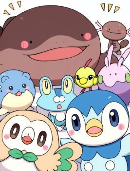 :d :o black_eyes blue_eyes blush_stickers bright_pupils brown_eyes clodsire commentary_request froakie gen_2_pokemon gen_3_pokemon gen_4_pokemon gen_6_pokemon gen_7_pokemon goomy momiyon natu nintendo no_humans notice_lines open_mouth paldean_wooper piplup pokemon pokemon_(creature) pokemon_focus rowlet smile spheal white_pupils