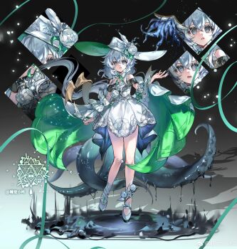 1girl absurdres ankle_socks asymmetrical_legwear bare_legs black_background black_collar black_sleeves bud reference_sheet check_copyright chinese_commentary choker close-up collar collared_dress commentary_request commission copyright_request crown_print darkness detached_sleeves dress eyelashes flower frilled_sleeves frills full_body gradient_background green_headwear green_sleeves grey_eyes hat hat_feather hat_flower high_heels highres lace lace_choker layered_sleeves leg_ribbon long_sleeves medium_hair multiple_views off-shoulder_dress off_shoulder open_mouth original parted_lips pumps ribbon rose sample_watermark short_dress short_sleeves single_sock socks tentacles two-sided_fabric two-sided_headwear two-sided_sleeves watermark wavy_mouth weibo_watermark weibo_watermark white_choker white_dress white_flower white_footwear white_hair white_headwear white_ribbon white_rose white_sleeves white_socks wide_brim wide_sleeves zi_yin