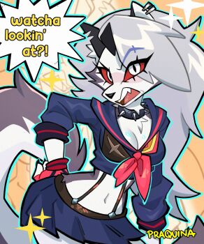 1girl angry animal_ears animal_nose artist_name blush body_fur breasts cleavage collar colored_sclera commentary cosplay earrings embarrassed english_commentary fang fingerless_gloves furry furry_female gloves grey_fur grey_hair hand_on_own_hip hellaverse helluva_boss highres jewelry kill_la_kill large_breasts long_hair looking_at_viewer loona_(helluva_boss) matoi_ryuuko matoi_ryuuko_(cosplay) midriff navel praquina red_scarf red_sclera scarf senketsu skirt snout sparkle speech_bubble spiked_collar spikes suspenders tail two-tone_fur white_eyes white_fur wolf_ears wolf_girl wolf_tail