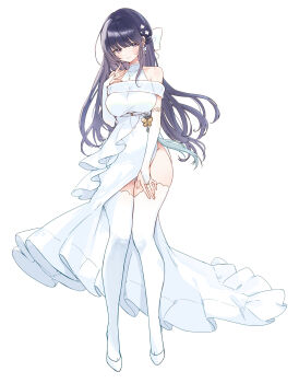 1girl absurdres airen_(starseed) ash_(cat7evy) bare_shoulders breasts bridal_gauntlets closed_mouth commentary_request dress earrings full_body hand_up highres jewelry large_breasts legs light_blush long_dress long_hair looking_at_viewer necklace purple_eyes purple_hair shoes smile solo starseed:_asnia_trigger tachi-e thighhighs thighs white_bridal_gauntlets white_dress white_shoes white_thighhighs