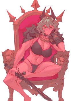 1girl bikini black_bikini black_choker breasts caesar_king_(zenless_zone_zero) chair choker cleavage closed_mouth grey_hair hair_between_eyes hand_on_own_cheek hand_on_own_face highres holding holding_sword holding_weapon horns large_breasts long_hair looking_at_viewer navel on_chair purple_hair rebigaki simple_background solo sweat swimsuit sword weapon white_background yellow_eyes zenless_zone_zero