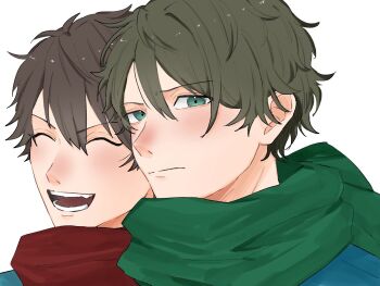 Rule 34 | 2boys, brown hair, close-up, closed eyes, closed mouth, commentary request, ensemble stars!, gmkst19, green eyes, green scarf, hair between eyes, highres, looking at viewer, male focus, morisawa chiaki, multiple boys, open mouth, red scarf, scarf, short hair, simple background, smile, takamine midori, teeth, white background